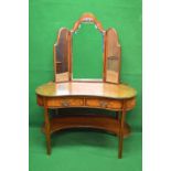 Walnut kidney shaped dressing table having fixed centre mirror flanked by two adjustable mirrors