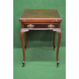 Mahogany envelope top card table with green baize lining over single drawer with brass handles,