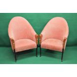 Possibly Harrods pair of walnut framed high back tub armchairs with Mother of Pearl inlaid arms and