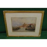 Unsigned watercolour of moored fishing boats with village beyond - 14" x 10" in glazed gilt frame