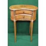 20th century kidney shaped inlaid walnut cross banded bedside two drawer table with brass handles