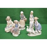 Group of five Lladro figures to include a young girl holding a basket of flowers