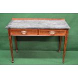 Edwardian mahogany inlaid writing/side table with two cross banded drawers and green marble top,