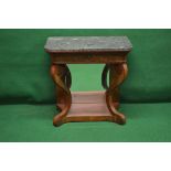 Mahogany console table having marble top over single drawer and mirror back with scrolled supports