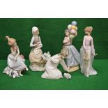 Group of five Lladro figures to include young lady on the telephone with a dog at her feet