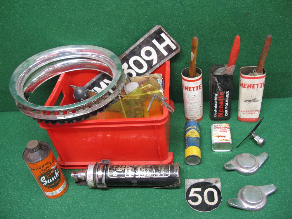 Box containing a quantity of mixed automobilia to include Nenette car polishers, old cans,