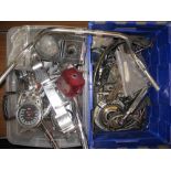Two boxes of parts believed to be from a dismantled Harley Davidson of unknown marque,