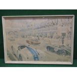 Le Mans print depicting cars passing the pits at speed during the 1952 24 hour race - framed and