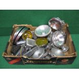 Box of assorted spot lamps including four 1950's/1960's motor cruiser lamps