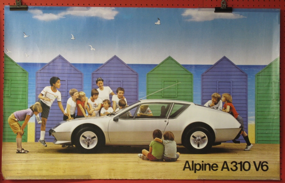 1980's advertising poster for the Renault Alpine A310 V6 featuring children admiring the vehicle -