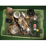 Crate of mixed automobilia to include a Lucas eight cylinder distributor, indicator arms, mirrors,