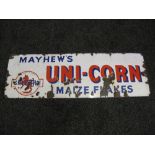 Enamel advertising sign for Mayhews Uni-corn Maize Flakes,