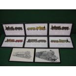 Group of eight prints of steam locomotives, two pen and ink artists studies of Royal Scot No.