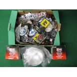 Box containing a quantity of car badges, fuel caps, logo's, chrome fittings,