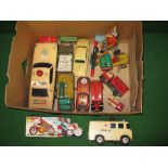 Mixed box of tinplate and plastic vehicles to include a boxed Moto Sprint friction drive motorbike