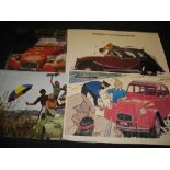 Four 1970's and 1980's advertising posters for the Citroen 2CV one of which features Tin Tin,