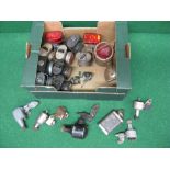 Box of battery powered bicycle lamps together with various dynamos from Lucas,