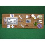 Quantity of car and pin badges displayed on a board to include 5cwt Thames, Trojan, Bean Car Club,