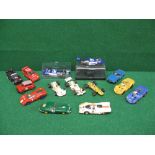 Scalextric, fourteen cars to include Jaguar E Type and Porsche 917, both made in Spain, BRM,