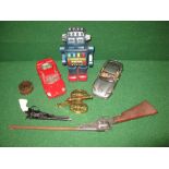 Plastic battery powered robot - 12" tall, two 1:18 scale diecast Ferrari's, a Crescent rifle,