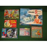 Six boxed 20th century games together with a Merit Space Patrol Walkie Talkie,