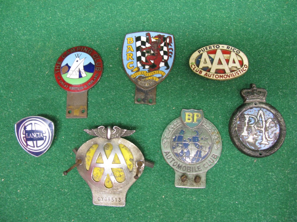 Seven car badges to include British Automobile Racing Club, BP Automobile Club,