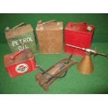 Three two gallon petrol cans for Regent Shellmex BP and Esso, one gallon Regent can,
