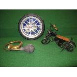 Battery powered clock in the form of a wheel - 14" in dia together with a car horn and bulb and a