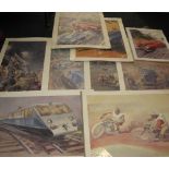 Nine prints of paintings by Geo Ham (Georges Hamel) featuring racing cars from 1920's - 1060's,
