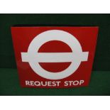 Double sided enamel post mounted London Transport sign comprising of the white logo and Request
