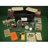 Box containing rear Morris Minor lamps, British Berkshire chrome windscreen wiper and motor,