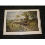 Print of a railway painting by M Jeffries featuring a GWR 0-4-2T No. 1420 with two coaches pulling