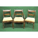 Set of five George III green painted dining chairs having white and gilt leaf and shell decoration,