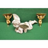 Pair of gilt wood carved cherub wall brackets - 6" tall together with a carved wooden painted