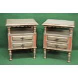 Pair of painted side cabinets the top having moulded edges supported on turned columns leading to