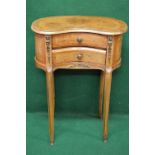 Late 20th century kidney shaped inlaid walnut cross banded bedside two drawer table with brass