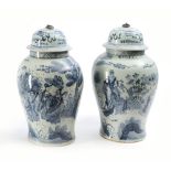 A Pair of 20thC Blue and White Lidded Ba