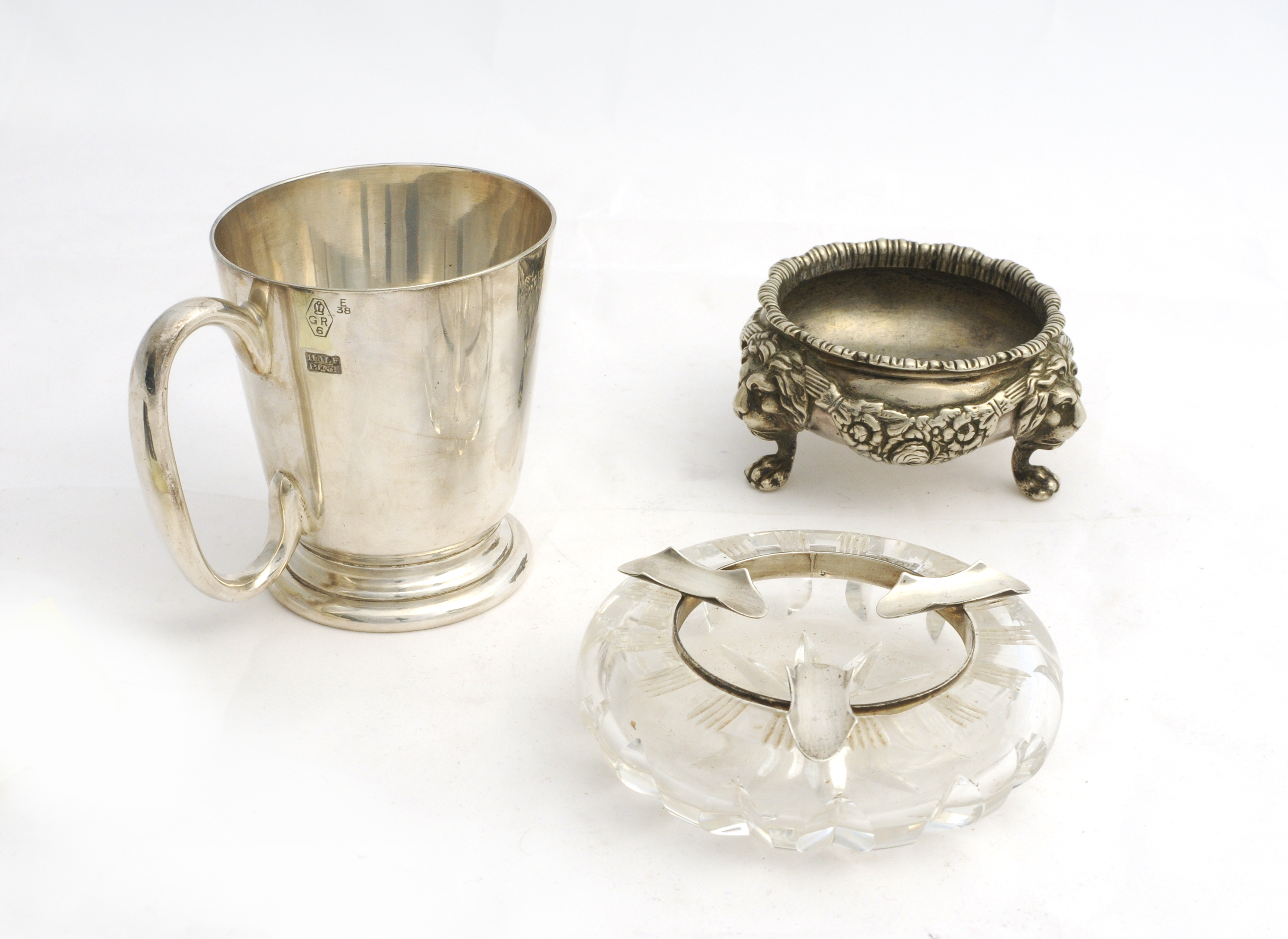 An Ashtray, Silver Plated Tankard and a