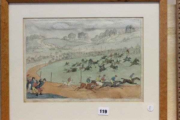 A Framed and Glazed 19th century Hand Coloured Engraving of Horse Racing Scene