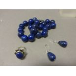 A Lapis Lazuli Beaded Necklace, Earrings and Ring