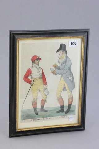 A Framed and Glazed 19th century Coloured Engraving of Jockey and Agent 'A Hero of the Turf and