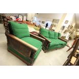 A Three Piece Antique Oak Bergere Suite with carved Jacobean style back rasts and barley twist