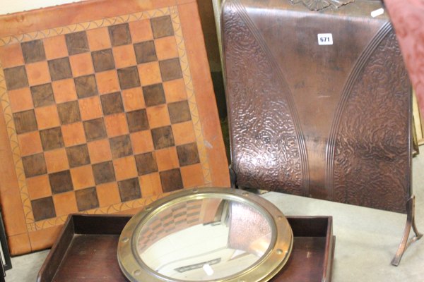 A Copper Fire Screen, Oak Folding Bed Tray, Leather Studded Chess Board, a Framed Photograph and a