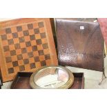 A Copper Fire Screen, Oak Folding Bed Tray, Leather Studded Chess Board, a Framed Photograph and a