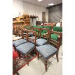 A Set of Five Edwardian Mahogany Dining Chairs with blue upholstered seats