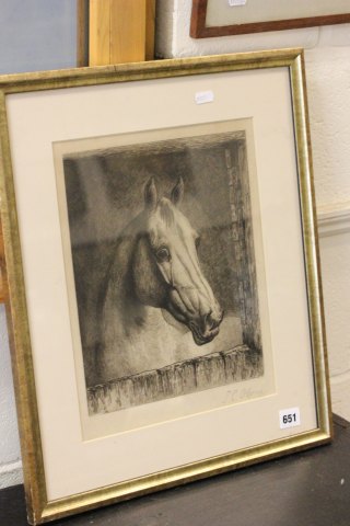 Framed and Glazed Black and White Engraving a Horse in a Stable signed in pencil to margin J C