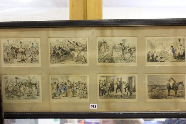 Oak Framed and Glazed Set of Eight Coloured Engravings of 'Mr Jorrocks'