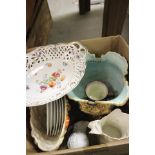 A Majolica style Jardiniere, Copper Lustre Mug, Pierced Edge Bowl and Plates, Sylvac Pebble Planter,