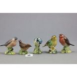 Five Small Beswick Birds - Blue Tit, Greenfinch, Wren, Chaffinch and Robin