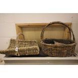 A Flower Sellers Trug and Two Wicker Basket plus Vintage Airline Bag